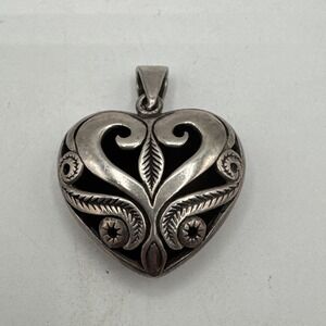 Sterling Silver Openwork Artisan Flourish Engraved Puffy Heart Pendant 12.83g